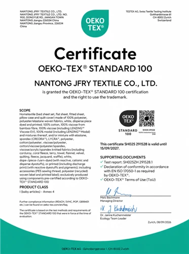 Mūsų gamykla gavo OEKO{0}}TEX STANDARD 100 sertifikatą masažo staltiesėms